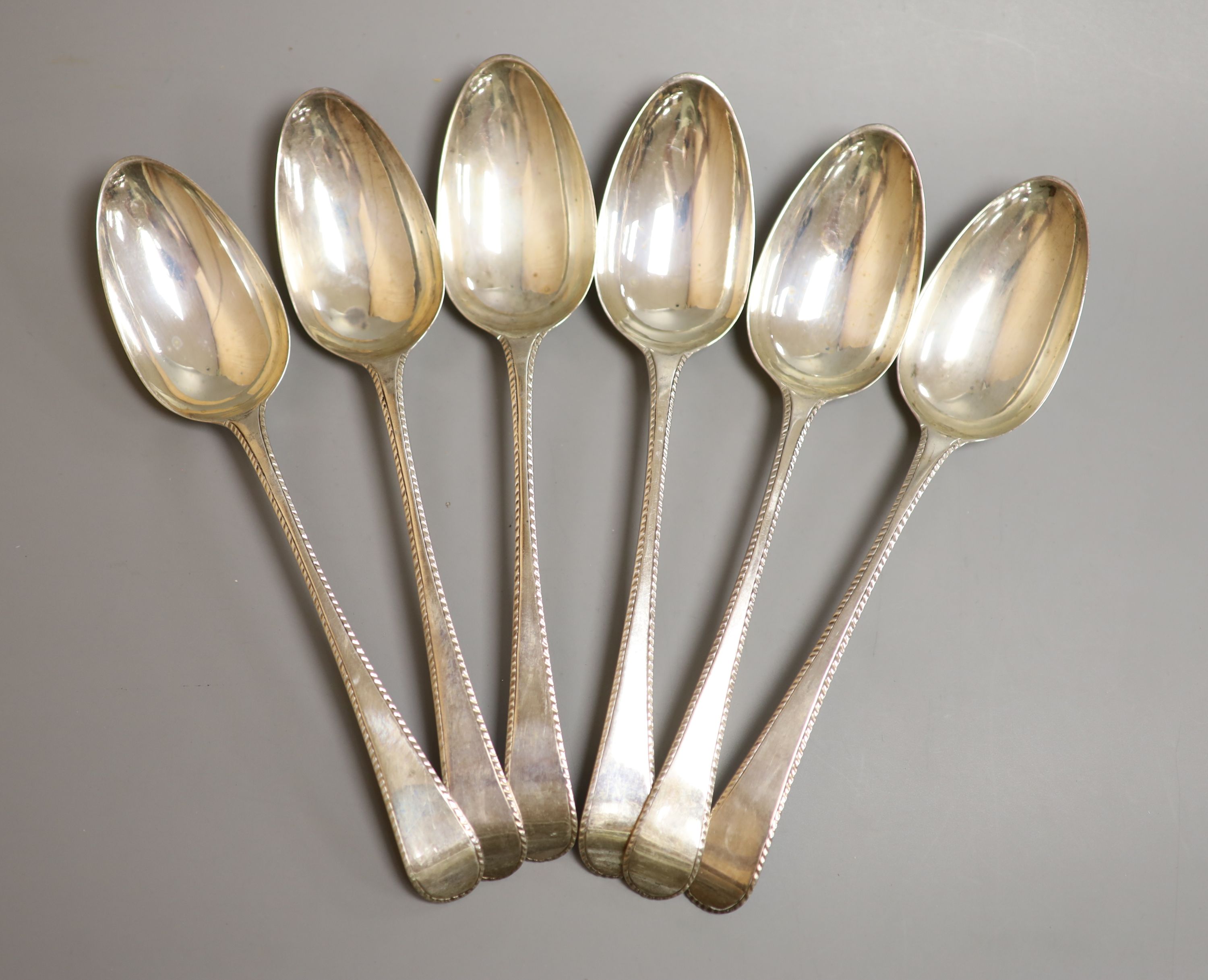 A set of six George III silver feather edge Old English pattern tablespoons, Thomas Chawner, London, 1773,22.4cm